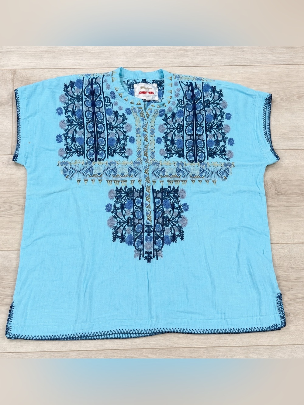 Johnny Was Light Blue Embroidered Tunic